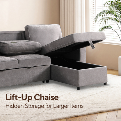 Upholstery Sleeper GREY Sectional Sofa With Storage Space, USB Port, 2 Cup Holders On Back Cushions - view 4