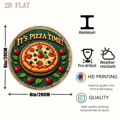 1pc 2D Flat Round Sign Pizza Time Retro, "Decorative Plaque 8x8in" Delicious Pizza - view 3
