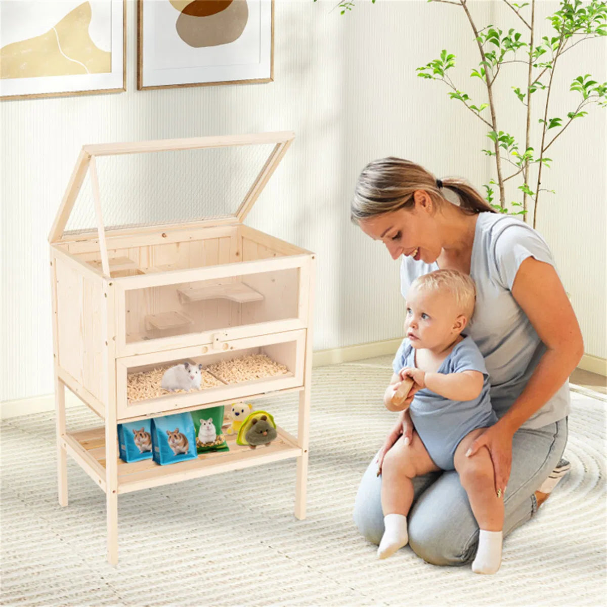 31.5 " Fir Wood Hamster Cage with Flip Mesh Roof, Multi-Level Activity Areas & Bottom Storage Shelf - view 3