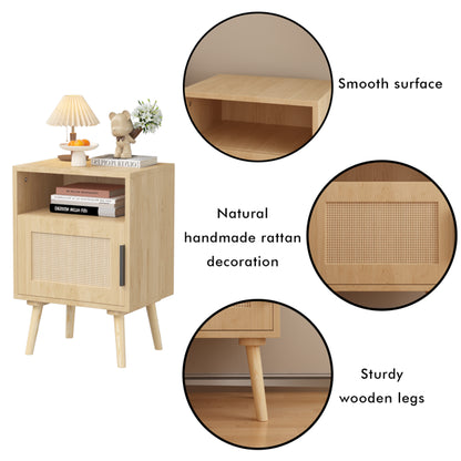 22.83'' H Rattan Nightstand, Side Table with Door Open Shelf, Accent Bedside End Table with Solid Wood Legs for Bedroom - view 10