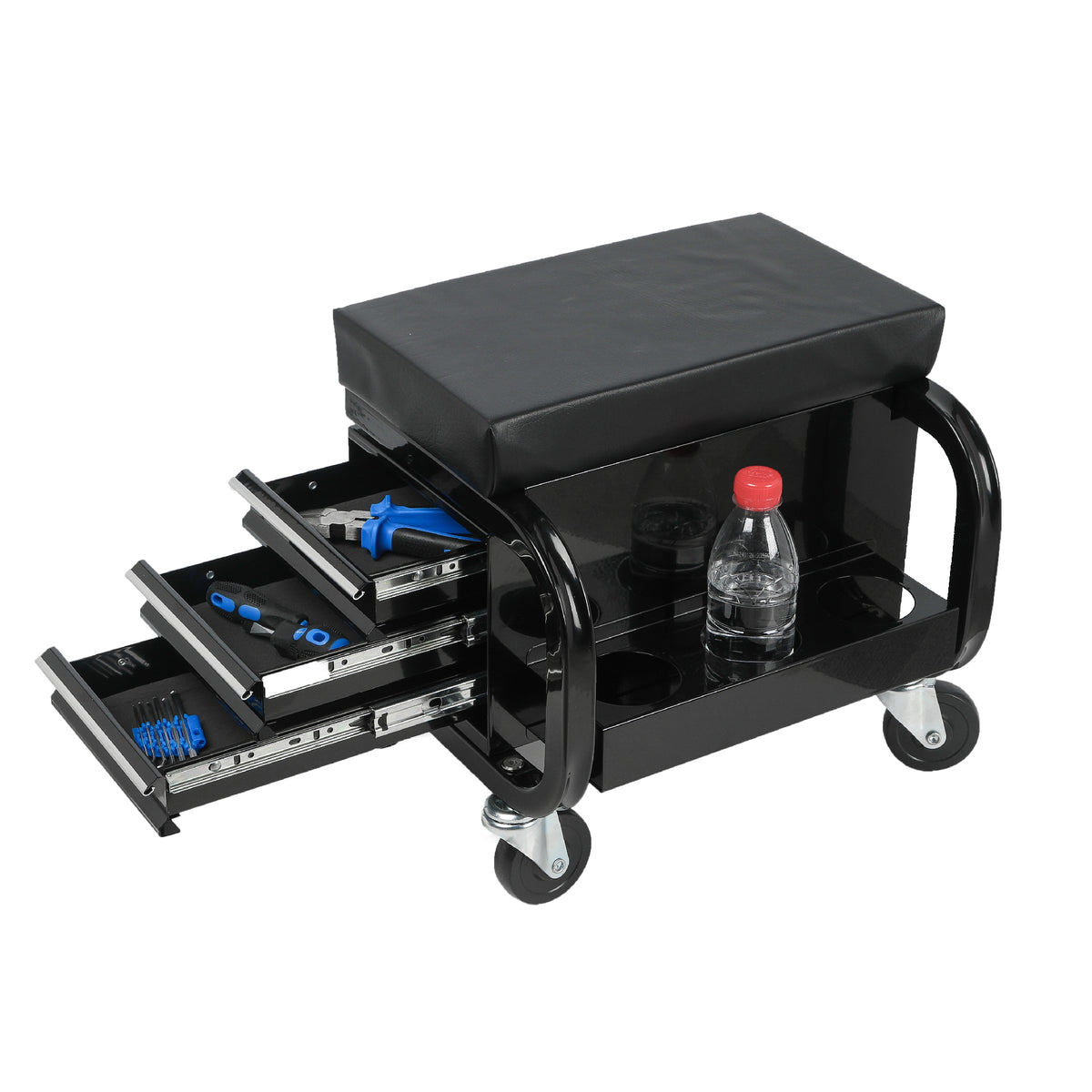 Rolling Creeper Garage Shop Seat With Three Built-in Drawers, Rolling Tool Chest,Black - view 6