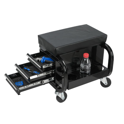 Rolling Creeper Garage Shop Seat With Three Built-in Drawers, Rolling Tool Chest,Black - view 6