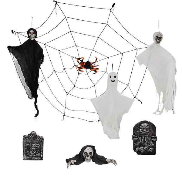 Outdoor Halloween Decorations 8-Piece Set, Hanging Ghosts Decor And Cobweb And Gravestone With Lighted Up Eyes