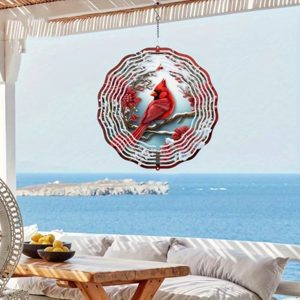 Cardinal Wind Spinners with Pine & Floral Design: Vibrant Red Metal Outdoor Decor | Hanging Wind Chimes for Garden - view 8