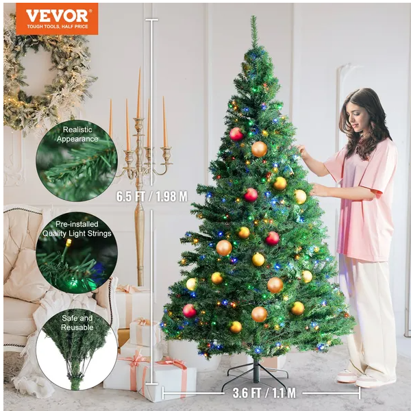 VEVOR Christmas Tree, 6.5ft Prelit Artificial Xmas Tree, Full Holiday Decor Tree With 450 Multi-Color LED Lights