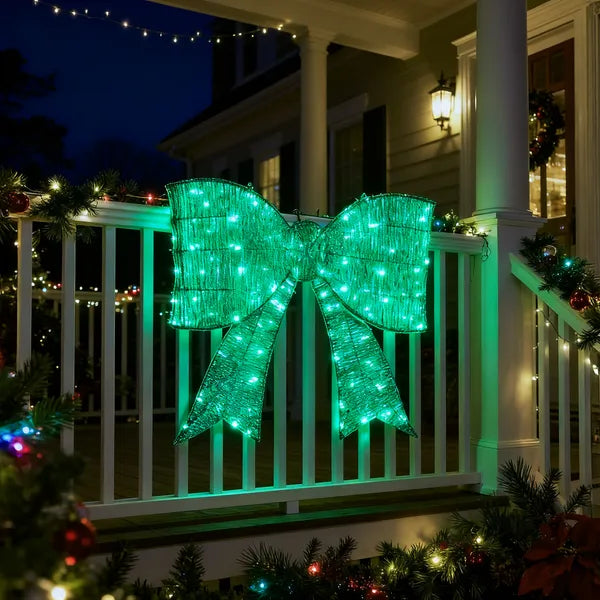 Pre-lit Outdoor Giant Bowknot Christmas Decoration, Lighted Metal Frame With 124 Green LED Lights - view 3