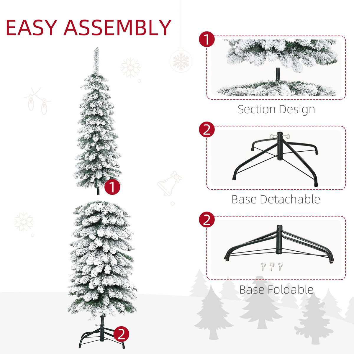 6 Ft Snow-Flocked Artificial Christmas Tree, Slim Pencil Xmas Tree With Realistic Branches, Metal Base, Green - view 3