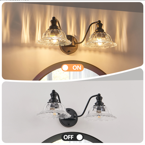 20 Inch 2-Light Vintage Bathroom Wall Sconce - Elegant Black Metal And Glass Lampshade Vanity Light Fixture - view 4