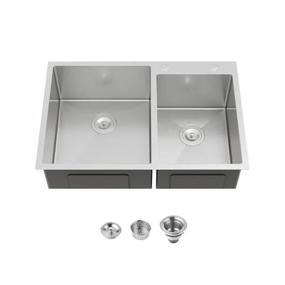 33' x19' Embedded Double Bowl Kitchen Sink, Overmount Handmade Sink In Brushed - Sink Only - Unable Ship Weekends