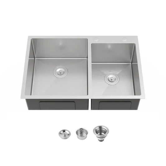 33' x19' Embedded Double Bowl Kitchen Sink, Overmount Handmade Sink In Brushed - Sink Only - Unable Ship Weekends