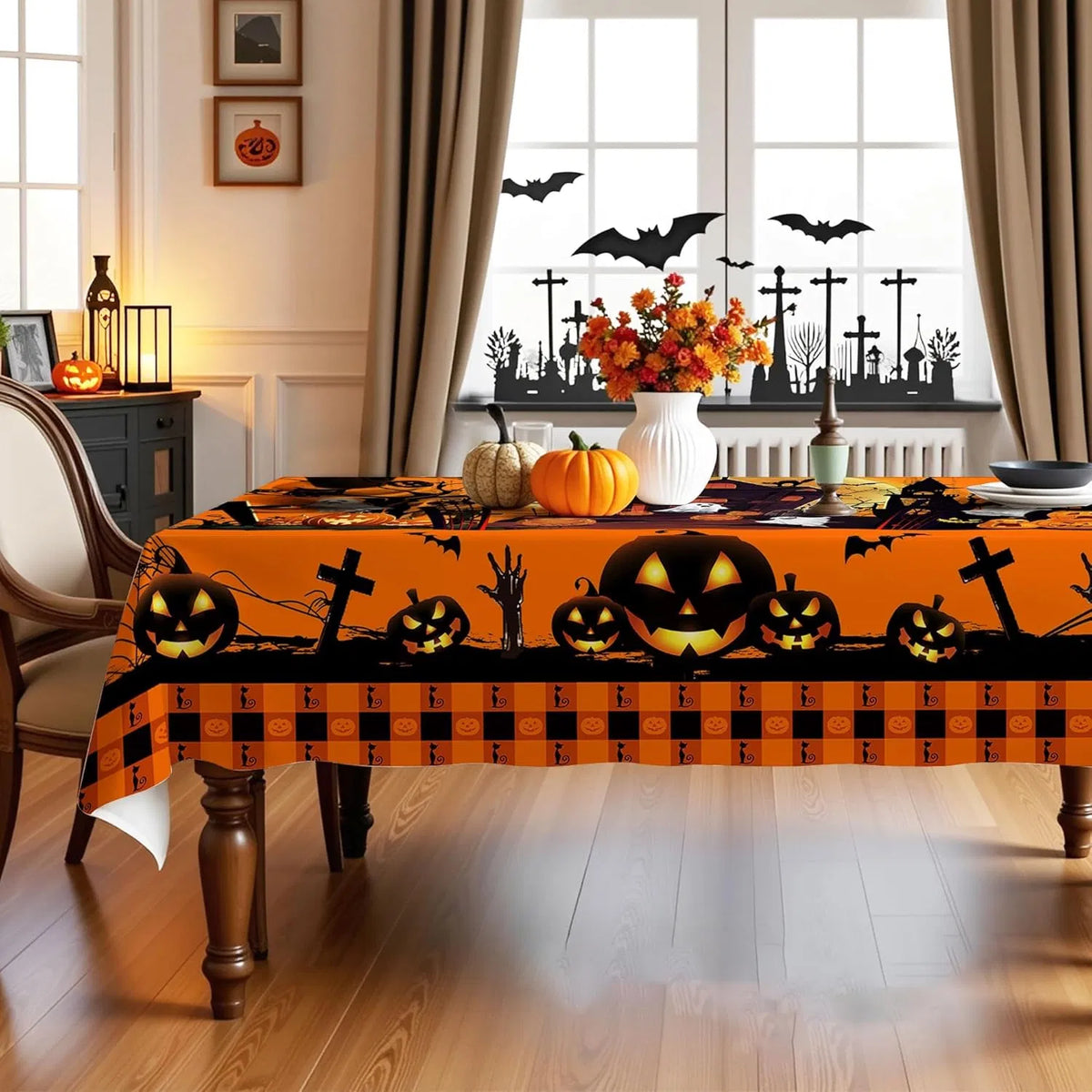 Hexagram Halloween Tablecloth Rectangle Pumpkin Tablecloths 60 x 84 inches Castle Ghost Table Cloth - view 7