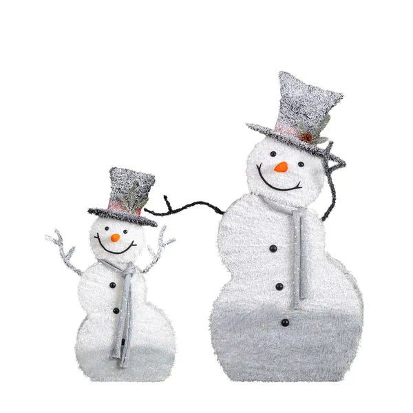 Set Of 2 Lighted Snowman With Top Hat Christmas Decorations, Pre-lit 2D Holiday Decor With 80 Warm White LED Lights