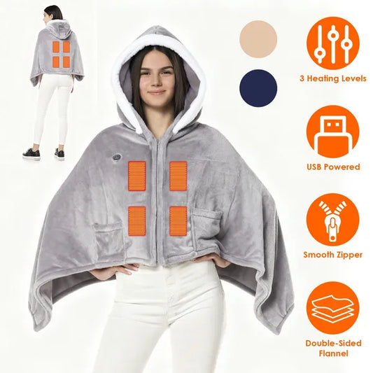 Wearable Heated Throw Blanket Double-Sided Flannel Portable Electric Heating Hoodie For Women Men Machine Washable