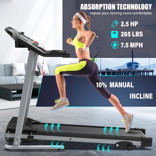 Compact Folding Treadmill For Home - 2.5HP Quiet Brushless Motor, 3-Level Incline, 7.5 MPH, Shock Absorption - view 2