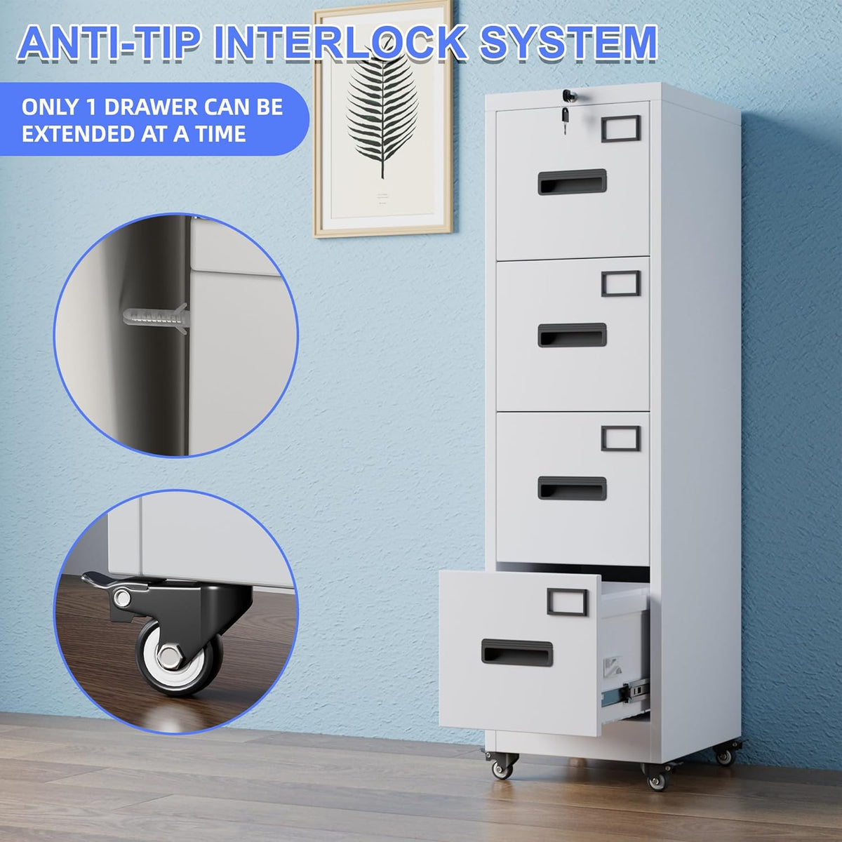 METAN 4 Drawer Vertical File Cabinet On Wheels, Lockable Office Files Storage Cabinet With Handle And Name Card - view 7