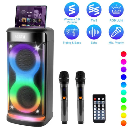 Portable Wireless Party Speaker With LED Light Wireless Mic Remote Control TWS Treble Bass Mic. Echo Music Accompany