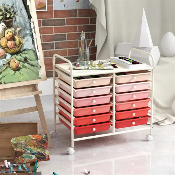 12-Drawer Rolling Storage Cart - 2-Row 10-Storey, Multicolor Drawers, 4 Wheels (2 Brake), White Frame-Pink - view 5