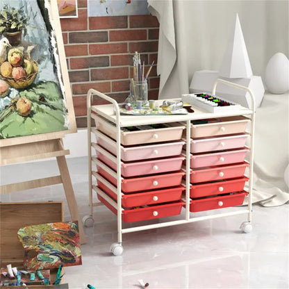 12-Drawer Rolling Storage Cart - 2-Row 10-Storey, Multicolor Drawers, 4 Wheels (2 Brake), White Frame-Pink - view 5