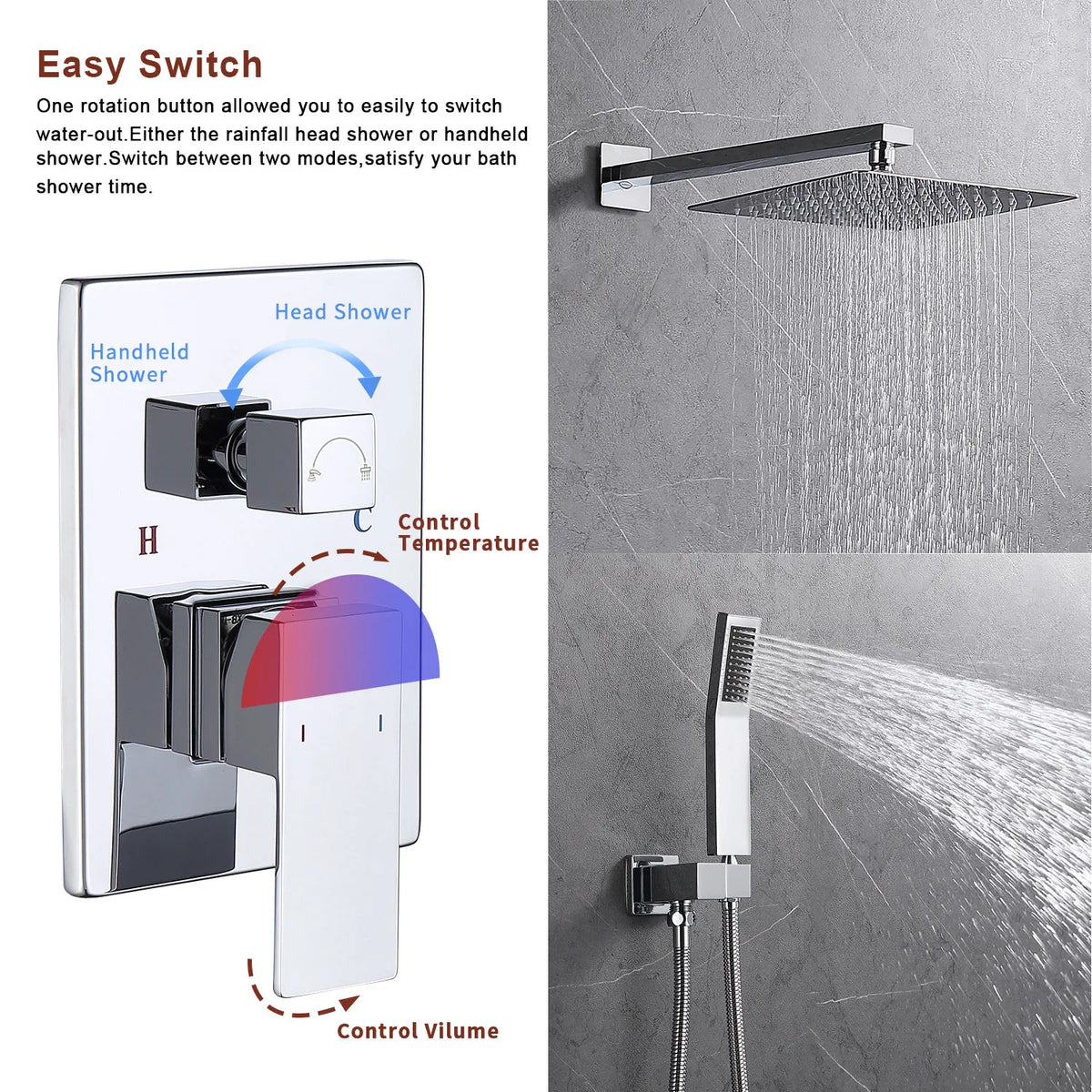 Shower System Shower Faucet Combo Set Wall Mounted with 12" Rainfall Shower Head and handheld shower faucet - view 2