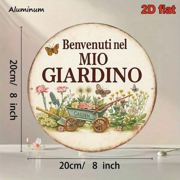 Vintage Welcome To My Garden Sign Italian Language, 8x8 Inch Round French Aluminum Plaque - view 3