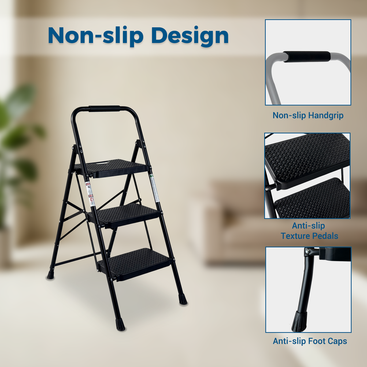 3 Step Ladder, Folding Step Stool With Wide Anti-Slip Pedal, Sturdy Steel Ladder, Lightweight, Portable Steel Step Stool - view 2