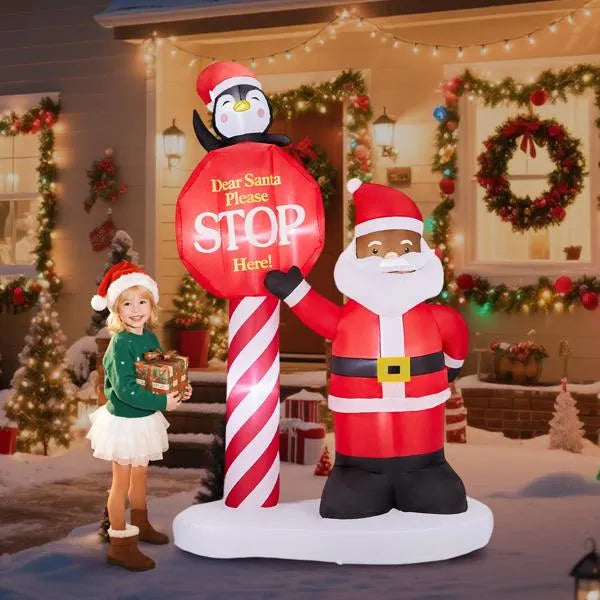 8.2FT Lighted Christmas Inflatable Decoration, Inflatable Black Santa & Road Sign - view 6