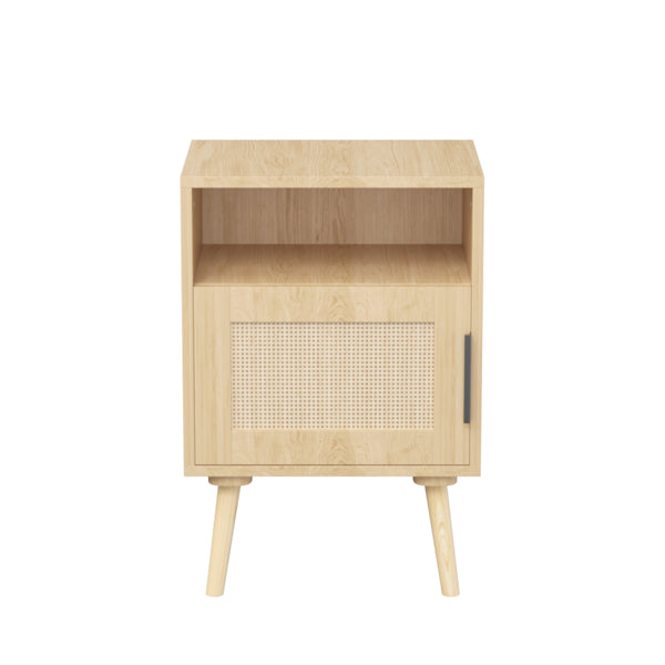 22.83'' H Rattan Nightstand, Side Table with Door Open Shelf, Accent Bedside End Table with Solid Wood Legs for Bedroom