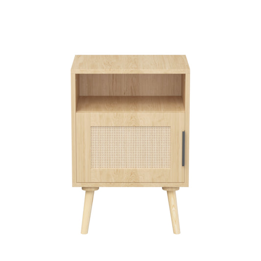 22.83'' H Rattan Nightstand, Side Table with Door Open Shelf, Accent Bedside End Table with Solid Wood Legs for Bedroom
