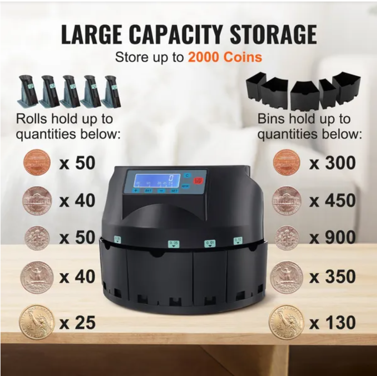 VEVOR USD Coin Sorter Coin Counter Wrapper And Roller 300 Coins Min LCD Display - view 5