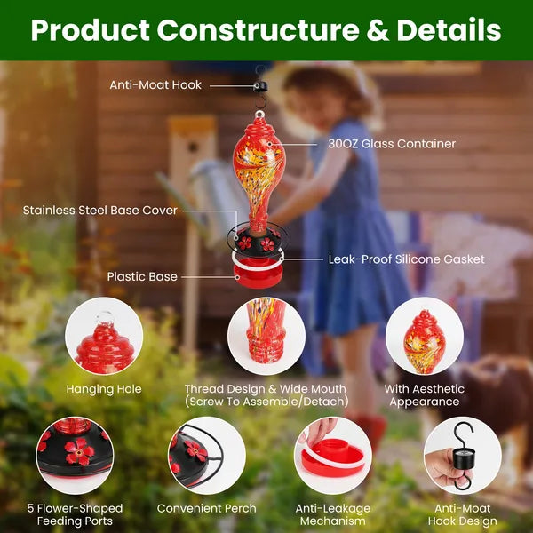 Glass Hummingbird Feeder 33OZ Hand Blown Hummingbird Feeder With 5 Flower Feeding Port Perch Ant Moat Hanging Hook S - view 2