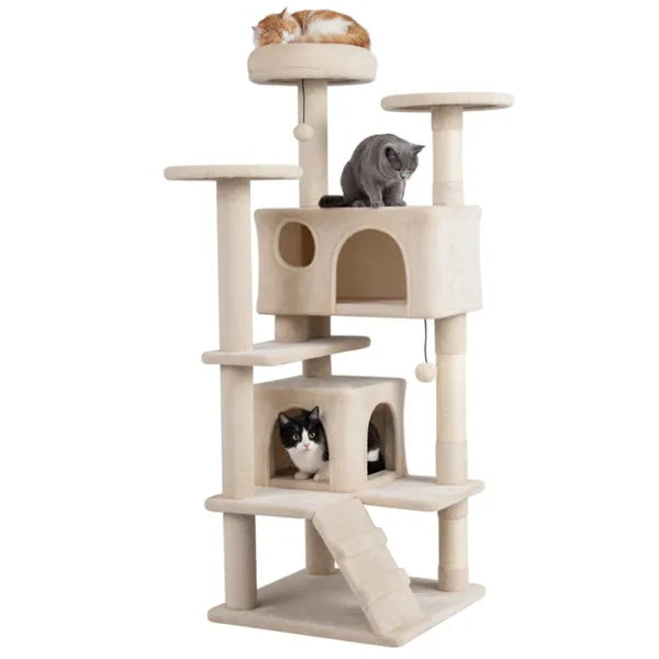 52" Tall Cat Tree Tower With Perches & Condos, Multi-Cat Playground With Scratching Posts (Beige) - view 2