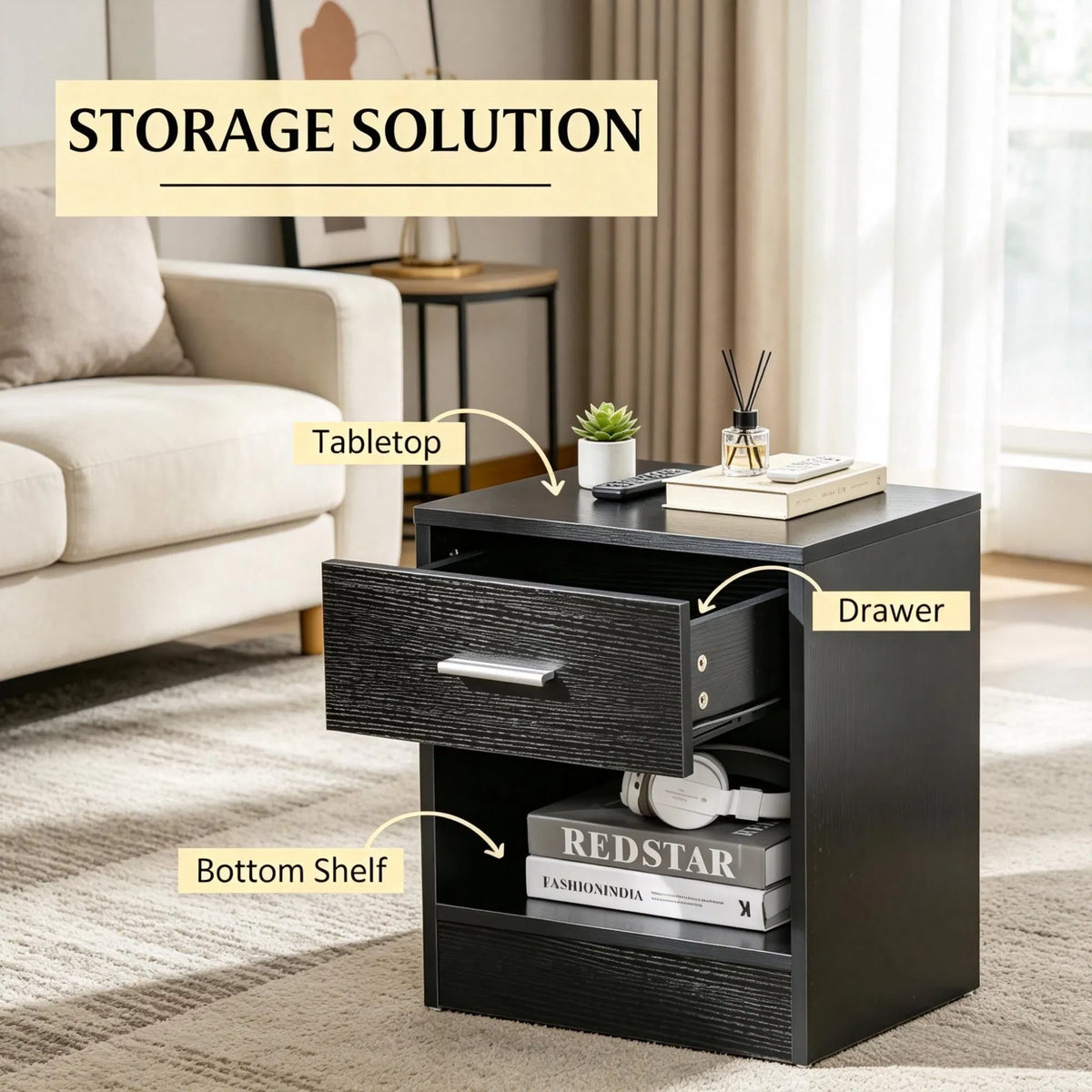 Black Wood Grain Modern Side Table with Drawer & Storage Shelf, Compact End Table for Living Room - view 2