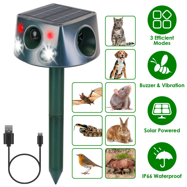 Solar & Type-C Rechargeable Animal Repeller - 3 Modes Ultrasonic+Buzzer+Vibration, IP66 Waterproof, 2200mAh Battery