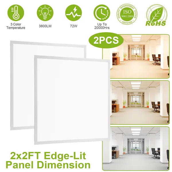 2Pcs 72W 2×2FT LED Panel Light 3800LM Flat Ceiling Light With 3 Lighting Color Temperature Equivalent LED Troffer