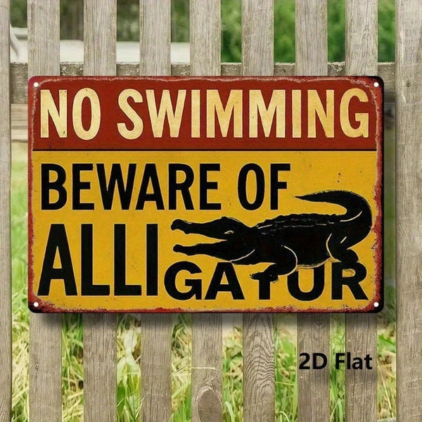 Vintage No Swimming Beware Of Alligator Sign, 8x12 Inch Metal Wall Art - view 3