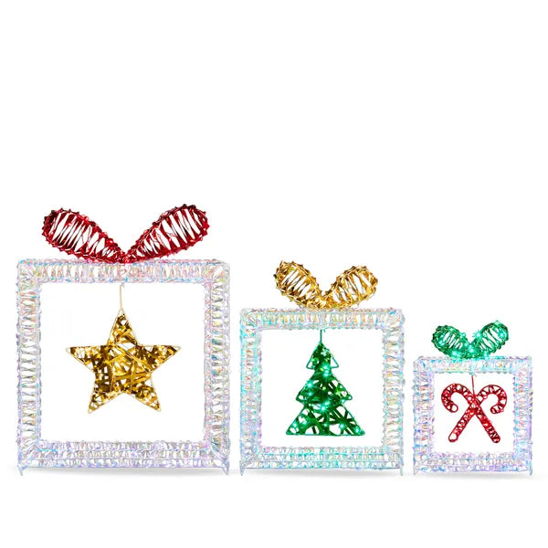 Set Of 3 Lighted Iridescent Cut-out Gift Box Christmas Decorations, Pre-lit Holiday Decor With 357 White LED Lights