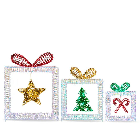 Set Of 3 Lighted Iridescent Cut-out Gift Box Christmas Decorations, Pre-lit Holiday Decor With 357 White LED Lights