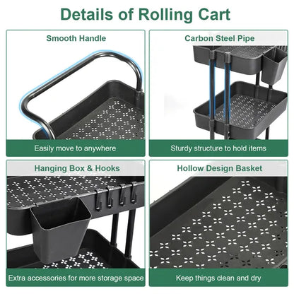 3 Tier Rolling Utility Cart Movable Storage Organizer With Mesh Baskets Lockable Wheels 360 Degree Rotatable Hanging - view 5