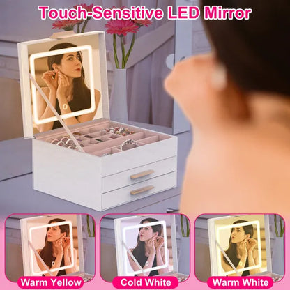 Jewelry Box With LED Mirror 3-Layer Jewelry Organizer With 2 Drawers PU Jewelry Holder With 3 Mirror Light Colors - view 3