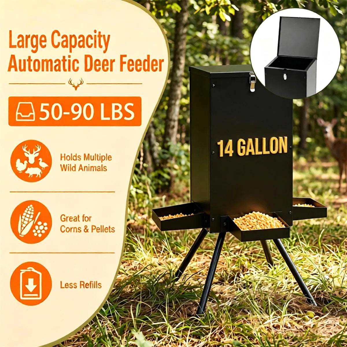 14 Gallon Gravity Deer Feeder 50-90 LBS Capacity Galvanized Coated Steel Wildlife Game Feeder with 4 Feeding Trays - view 5