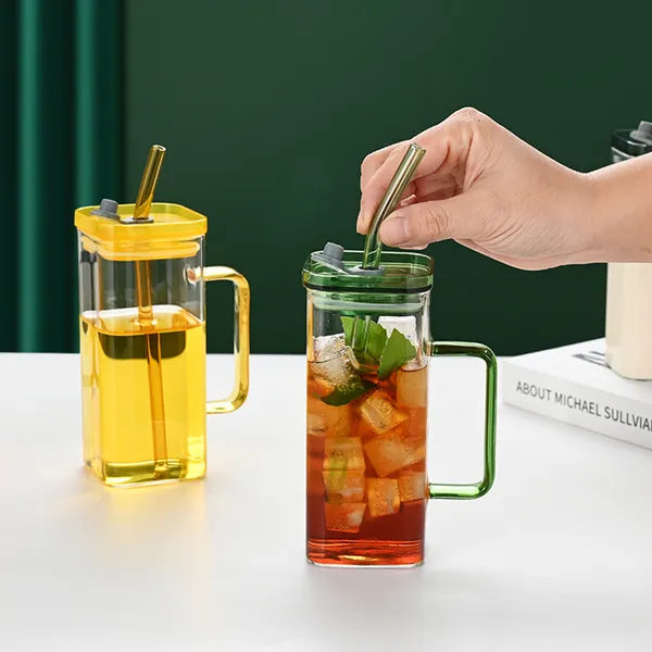 1 Pcs Pink Glass Straw Cup, 6 Colors Square Glass Cup With Straw And Lid, High Borosilicate Glass Cup, Milk Cup - view 3