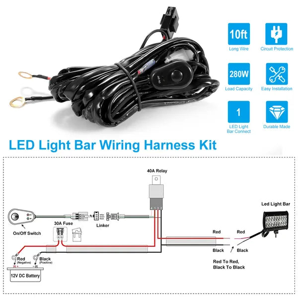 LED Light Bar Wiring Harness Kit 280W 12V 40A Power Relay Fuse On Off Switch 10ft Length Universal Fitment Light Bar - view 4