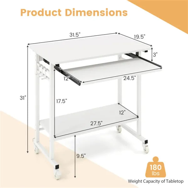White Mobile Computer Desk With Keyboard Tray & Storage Shelf, 360 Lockable Casters For Home Office - view 5