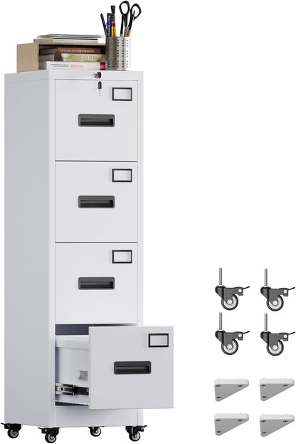 METAN 4 Drawer Vertical File Cabinet On Wheels, Lockable Office Files Storage Cabinet With Handle And Name Card
