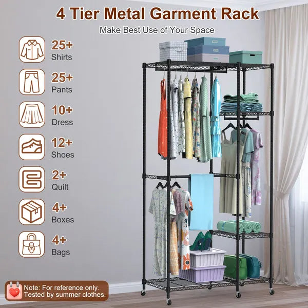 4 Tier Heavy Duty Garment Rack With Wheels Carbon Steel Clothing Rack Portable Wardrobe Clothes Rack With 3 Hanging - view 5