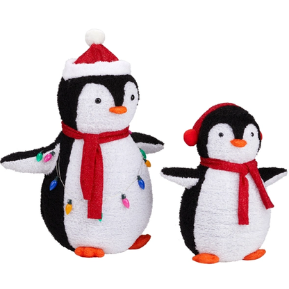 2-Piece Lighted Plush Penguins Christmas Yard Decorations, Set Of 2 Pre-lit Pull Up Penguins With 150 Warm White LEDs
