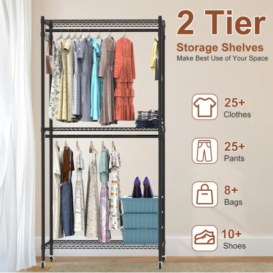 2 Tier Clothing Rack With Cover Portable Wardrobe Closet Covered Garment Rack With 4 Wheels 2 Hanging Rods 2 Hook Racks - view 3