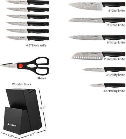 Damascus Pattern 15-Piece Kitchen Knife Set With Block, High Carbon Steel Chef Knife, Includes Sharpener And Scissors - view 5