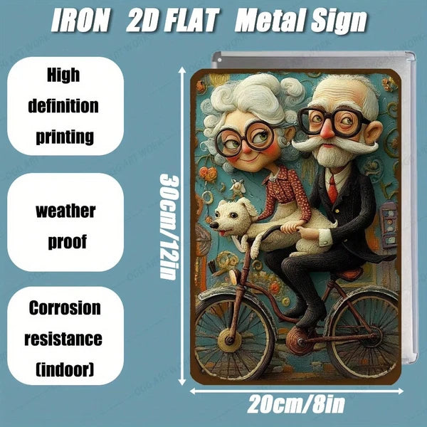 Vintage Metal Wall Art Retro Bike Couple With Dog Cyan Floral Background 8x12 Inch Farmhouse Home Decor Sign Gift - view 2