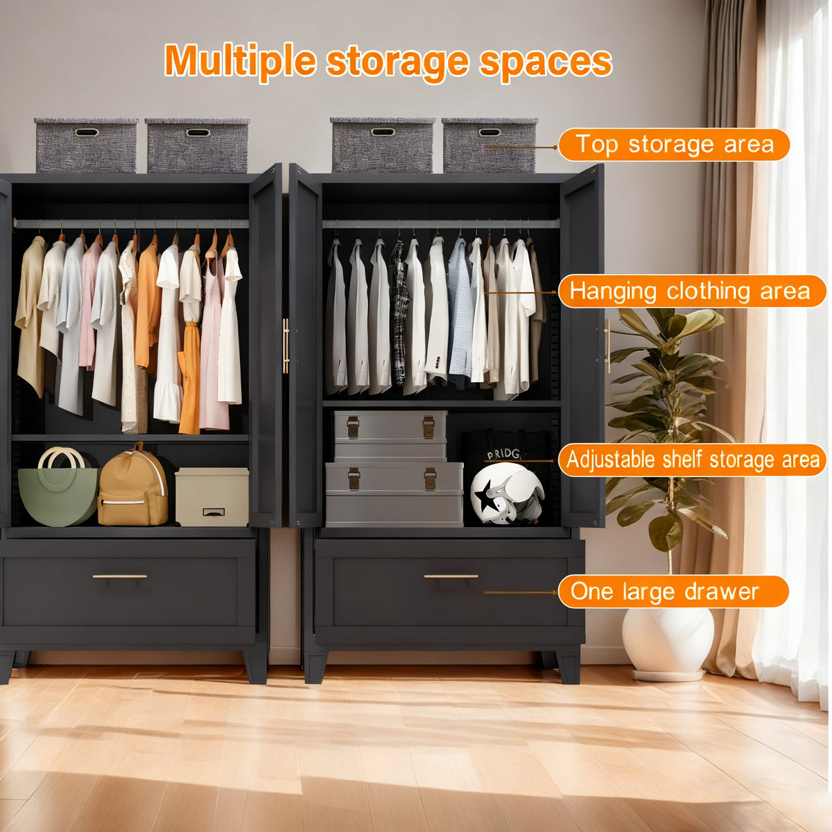 60inch Tall Metal Wardrobe Cabinet With 1 Drawer And Hanging Rod, 2 Doors Wardrobe Closet With Shelf For Bedroom - view 7